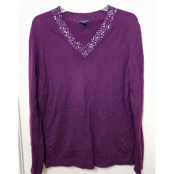 Lands End Womens Purple V-neck Long Sleeve Sweater Lrg Sequins Cotton Cashmere - Picture 1 of 10